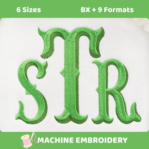 Puede incluir: Un diseño de bordado a máquina con las letras S, T y R en una fuente serif de color verde brillante con un efecto de puntada dimensional. El texto 6 Sizes y BX + 9 Formats aparece arriba, con MACHINE EMBROIDERY abajo.