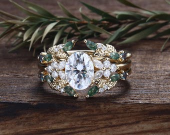 Oval cut Moissanite Engagement Ring Set, Cluster Moissanite Moss Agate  Lab Alexandrite 14K Yellow Gold Wedding Band
