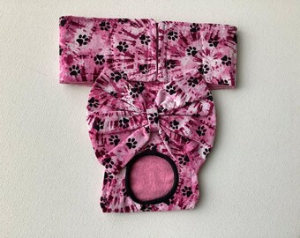 READY to SHIP - Medium -  Female Dog Panty/Diaper - Pink Tye Dye with Black Paw Prints