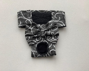 READY to Ship- XS  -  Female Dog Panty/Diaper - Black with Silver Metallic Swirls