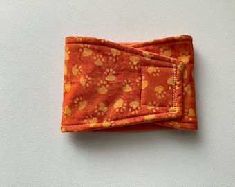 Absorbent, Waterproof,  Washable, Reusable Belly Band - Male Dog Diaper -  Orange Batik with Paw Prints -  Available in all Sizes