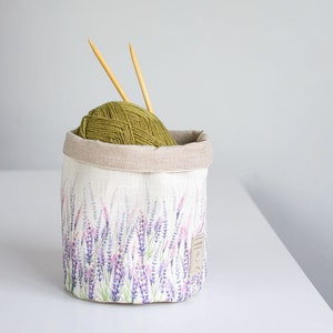 Storage basket with lavender print.