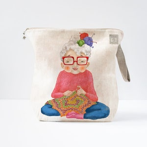 Medium size Project Bag with zipper and Old Lady who is crochet print