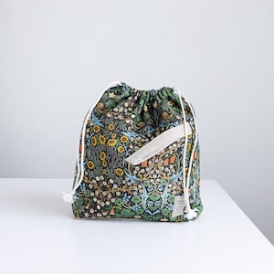 William Morris. Blackthorn. Linen project bag, Knitting needle holder,  Knitting Project Bag. Drawstring. Size Large.