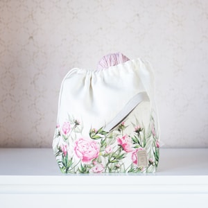 Drawstring Knitting Project Bag. Large. Summer Flowers collection. Special KnitterBag design. Peony