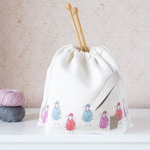 Strick Projekttasche. Kordelzug. Besonderes KnitterBag Design. Schafdruck