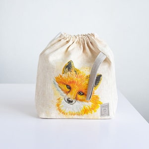 Linen project bag, Knitting needle holder,  Knitting Project Bag. Drawstring. Size Large. Fox print