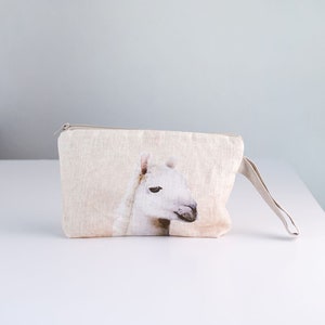 Wristlet pouch Alpaca print fabric Natural linen image 1