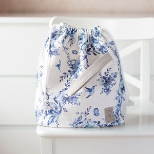 Project Bag. Drawstring Knitting Project Bag with Toile de jouy print. image 1