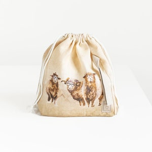 Leinen Projekttasche, Stricknadel Tasche, Strick Projekt Tasche. Kordelzug. Größe L. Schafdruck