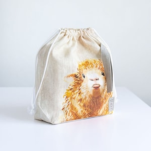 Leinen Projekttasche, Stricknadel Tasche, Strick Projekt Tasche. Kordelzug. Größe L. Schafdruck