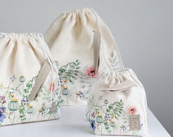 Set of 3 Meadow print Knitter Project Bags. XL, Large and Small.