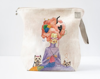 Large Project Bag with zipper. Nice fun woman print will melt yours heart. The picture was drown special for project bag.