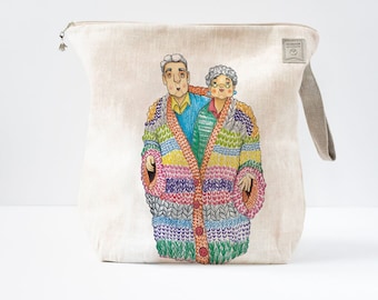 Project Bag with zipper. Nice fun woman and man print will melt yours heart. The picture was drown special for project bag.