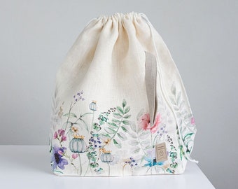 XL size Knitting Project Bag. Special KnitterBag design. Flower Drawstring Knitting Project Bag. Large. Summer Flowers collection