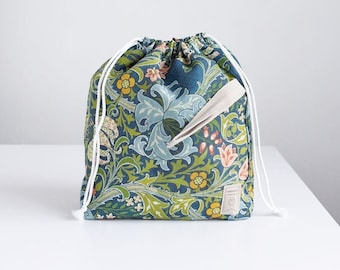 William Morris, Golden Lily print, Linen project bag, Knitting needle holder,  Knitting Project Bag. Drawstring. Size Large.