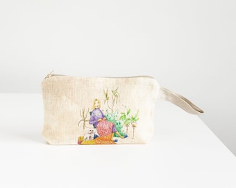 Pochette avec impression d'une image de tricot sur du lin, trousse zippée