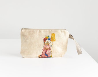 Wristlet pouch with knitter picture print on linen fabric