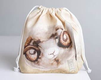 Linen project bag, Knitting needle holder,  Knitting Project Bag. Drawstring. Size Large. Sheep print