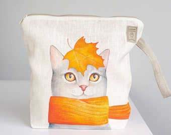 Project bag with zipper. Bag with cat print. Yarn organizer