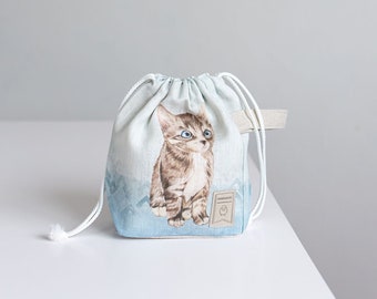 WIP Project Bag with Knitter with Cat print and blue background