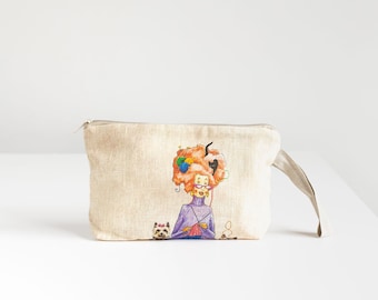 Wristlet pouch with knitter picture print on linen fabric. Cosmetic bag, glasses case.