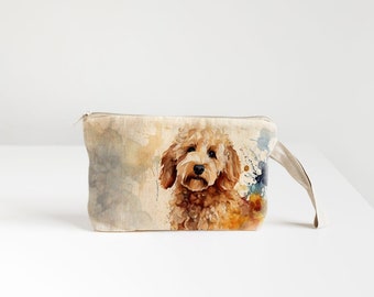 Linen Wristlet pouch with Goldendoodle puppy print , pencil case.