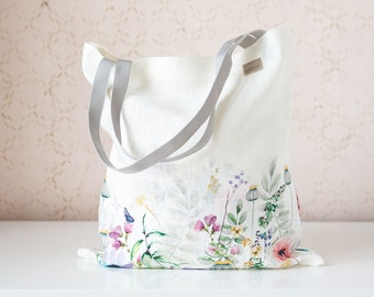 Linen Market Tote Bag with Summer Flowers print