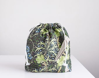 William Morris. Seaweed, Linen project bag, Knitting needle holder,  Knitting Project Bag. Drawstring. Size Large.