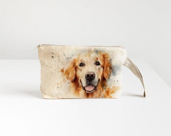 Linen Wristlet pouch with Golden Retriever print.