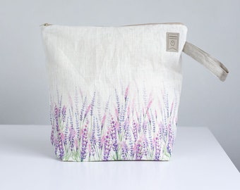 Lavender flowers print project bag. Work in progress Project Bag with zipper. Yarn organizer