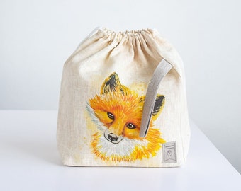 Linen project bag, Knitting needle holder,  Knitting Project Bag. Drawstring. Size Large. Fox print