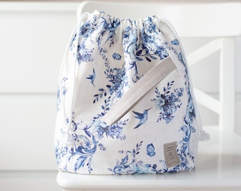 Project Bag. Drawstring Knitting Project Bag with Toile de jouy print.