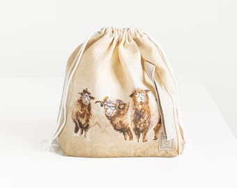 Linen project bag, Knitting needle holder,  Knitting Project Bag. Drawstring. Size Large. Sheep print