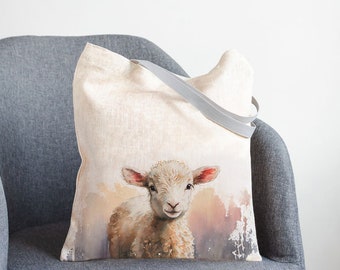 Linen Market Bag, Shopping tote with sheep print