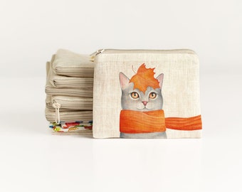 Small zip purse, small coin purse, sewing notions pouch, knitting pouch, Autumn cat zip purse