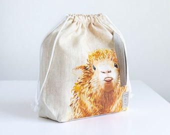 Linen project bag, Knitting needle holder,  Knitting Project Bag. Drawstring. Size Large. Sheep print