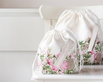 Project bags. Set of 2 Knitter Project Bags. Large and Small. Summer Flowers collection. Peony print