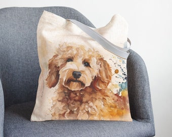 Linen Market Bag. Shopping tote with Goldendoodle print.