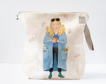 Project Bag with zipper with Lady with blue sweater dreaming about new projects picture.