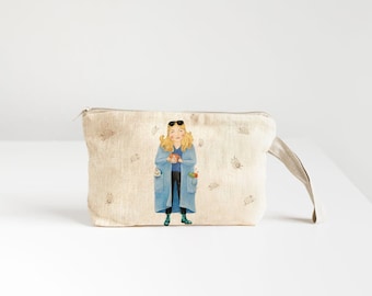 Linen Wristlet pouch with dreaming lady about new projects print.