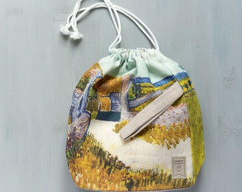 Drawstring Knitting Project Bag. Large. Bag inspired  "Farmhouse in Provence" by Van Gogh