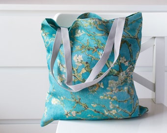 Almond Blossom by Vincent van Gogh Linen Bag. Market shopping tote bag