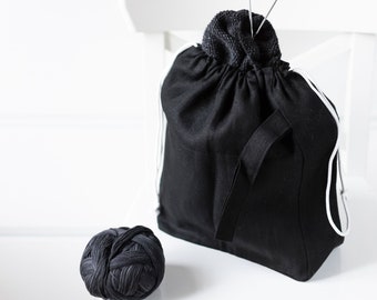 Drawstring Knitting Project Bag. Large. Black natural linen.