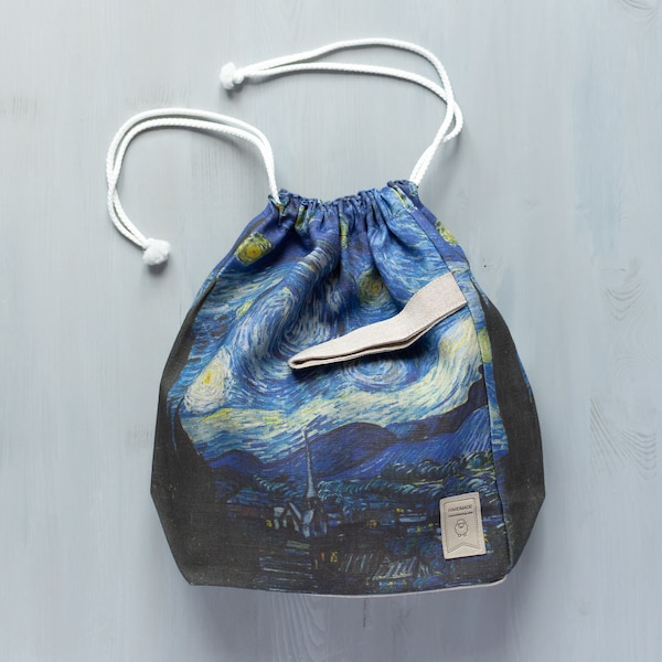 Drawstring Knitting Project Bag. Large. Bag inspired  Vincent van Gogh "Starry night"
