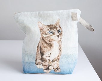 Project Bag with zipper for knitters. Large. Cat printed bag.