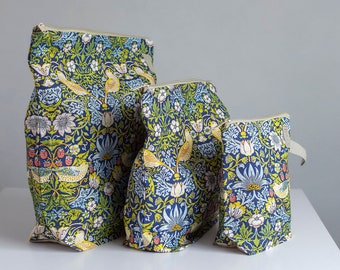 William Morris Strawberry Thief print bag. Large, Medium or Small Project Bag with zipper.