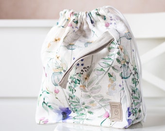 Bolsa de proyecto de tejido con cordón. Grande. Colección de flores de verano. Diseño especial KnitterBag.
