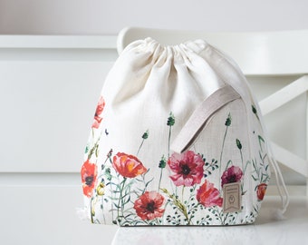 Poppy Drawstring Knitting Project Bag. Large. Summer Flowers collection. Special KnitterBag design.