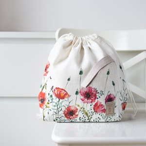 Poppy Drawstring Knitting Project Bag. Large. Summer Flowers collection. Special KnitterBag design.